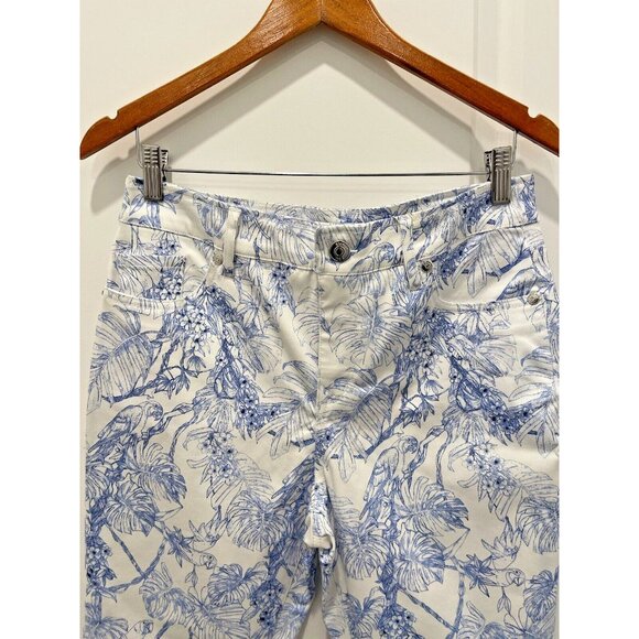 ELIE TAHARI Skinny Ankle Womens Pants White Blue Tropical Floral Bird Havana 10 - Picture 3 of 11
